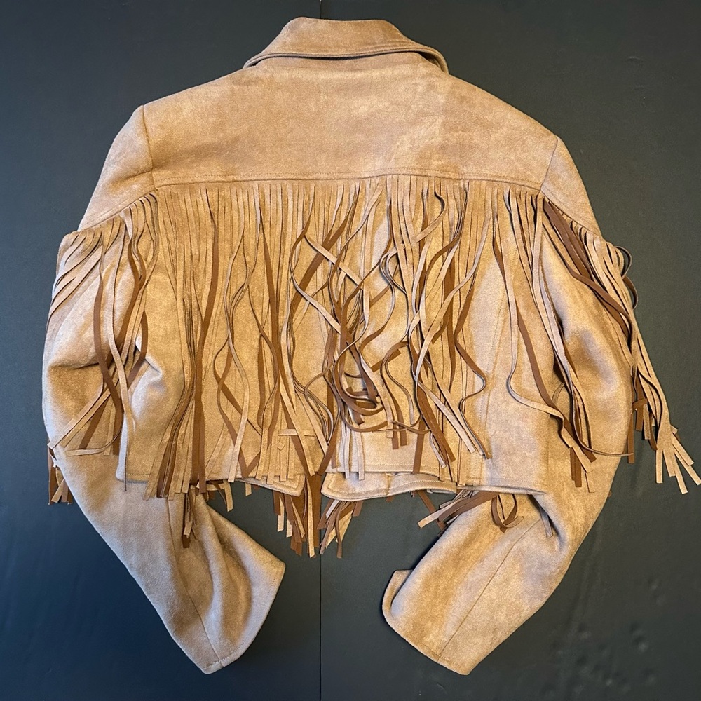 Fringed Suede Cropped Jacket in Tan - Picture 8 of 11
